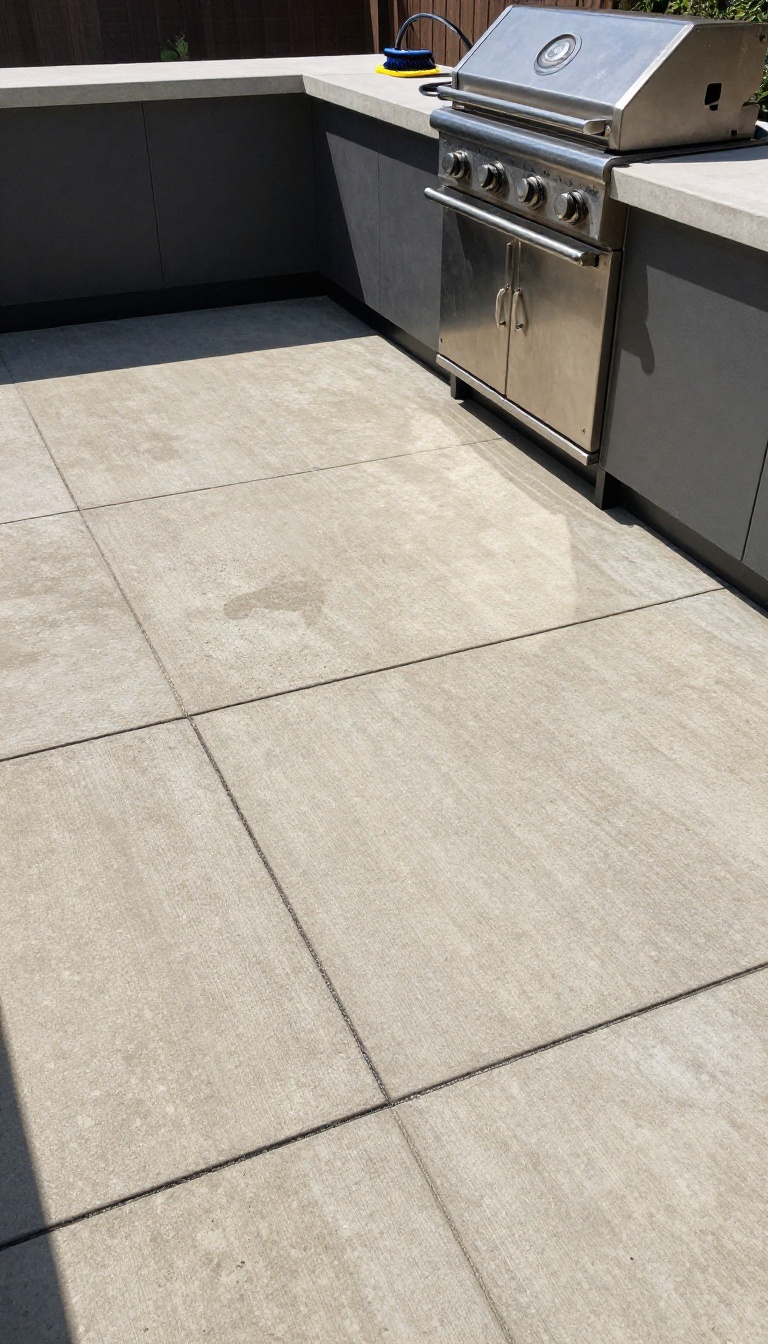 Backyard outdoor kitchen with warm gray concrete paver floor, stainless grill, charcoal counter, and a hose and brush for easy cleanup