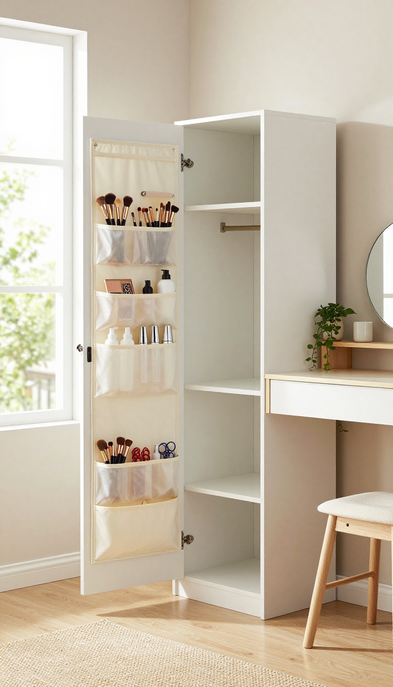 Small bedroom vanity made from a closet door with an over-the-door organizer, slim floating shelf, mirror, and folding stool in bright natural light
