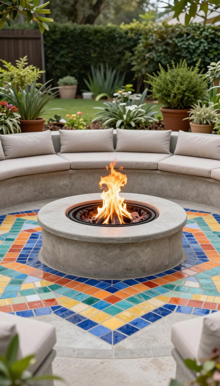 Sunken backyard fire pit finished with a colorful mosaic tile pattern, glowing with flames and surrounded by a low seating wall and greenery