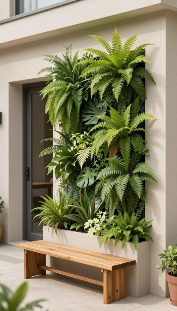 A front yard patio with a lush vertical garden on the wall beside the door, featuring a modular living wall system with various green plants and a small seating area nearby.