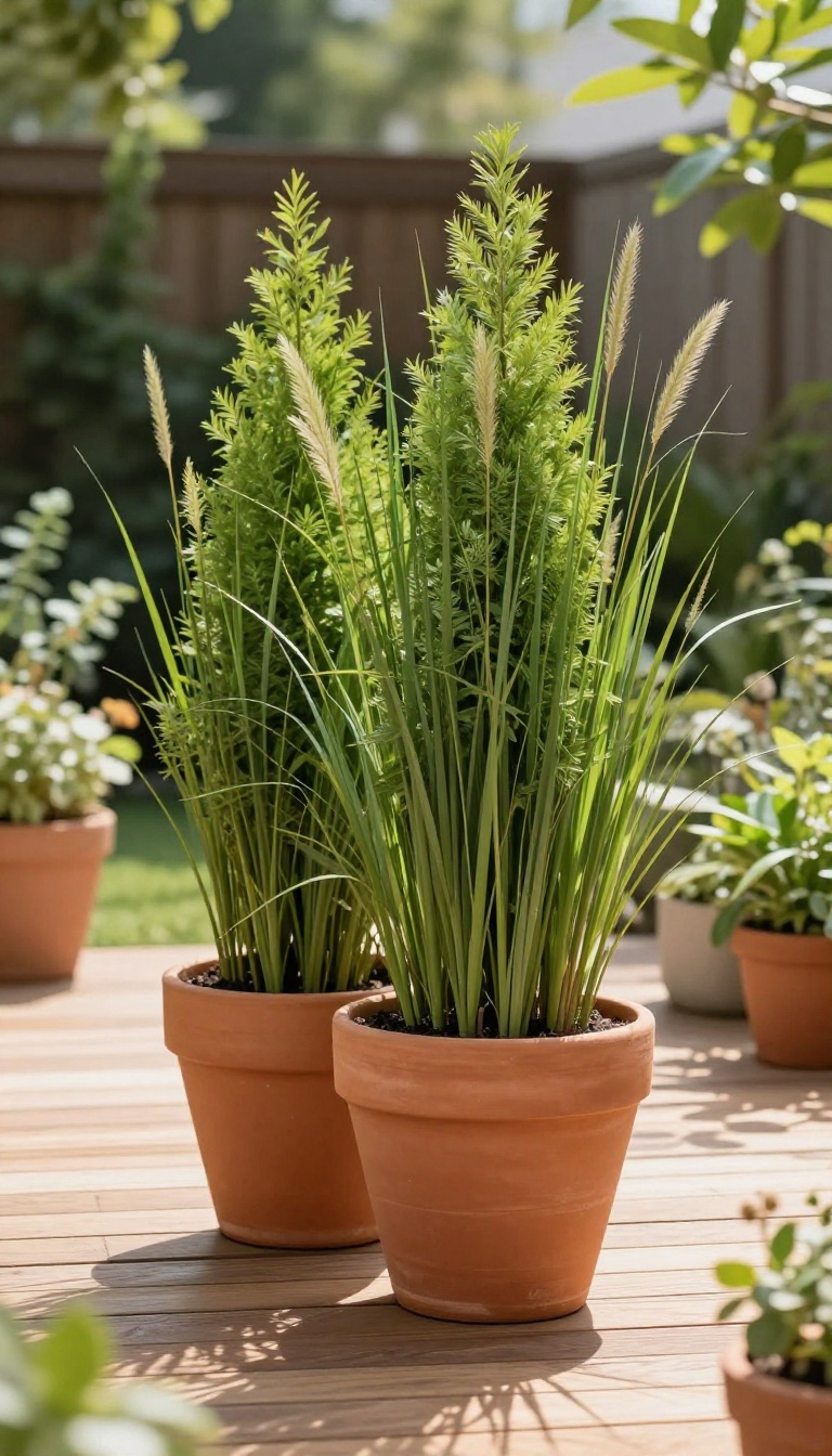 Stacked terracotta planters filled with tall arborvitae and ornamental grasses creating a portable green privacy screen on a sunny backyard patio