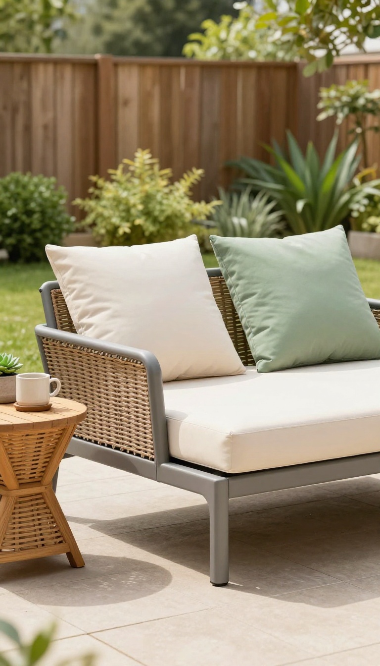 Convertible outdoor daybed with adjustable backrest on a bright backyard patio, styled with cushions, a side table, and greenery