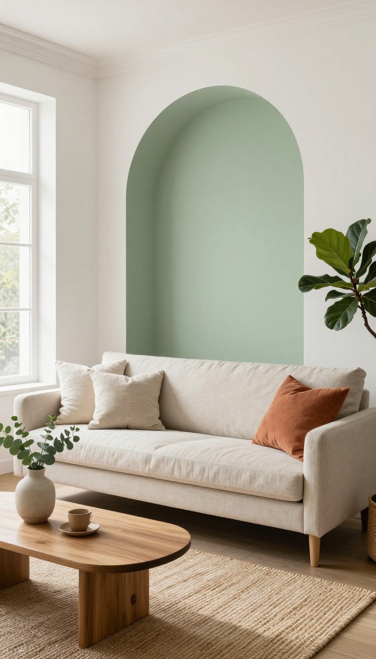 Living room with a sage green painted arch accent wall behind a beige sofa, styled with natural light and plants