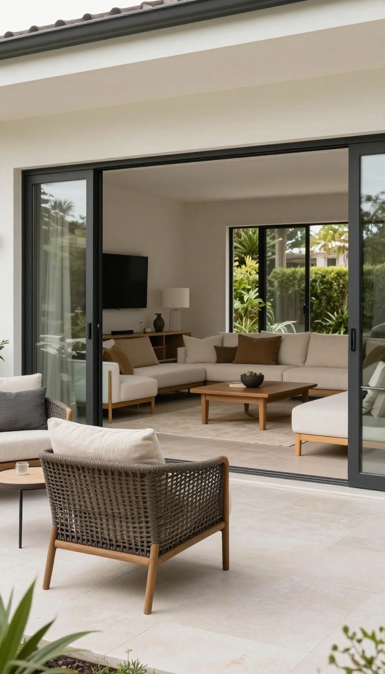 Bright living room opening onto a patio with matching neutral outdoor furniture that blends indoor and outdoor spaces