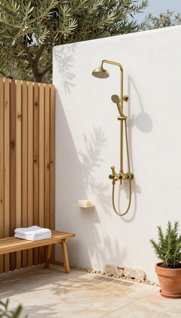 Mediterranean outdoor shower with whitewashed stucco wall, cedar slat screen, and teak bench in a sunlit backyard