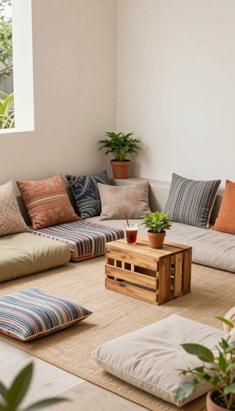Cozy apartment patio seating nook with floor cushions and an outdoor rug