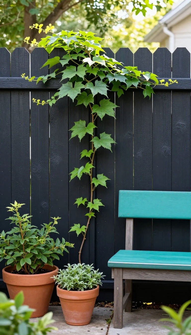 Small backyard with a freshly painted dark charcoal wooden fence serving as a dramatic backdrop behind green plants and a bench with bright cushions