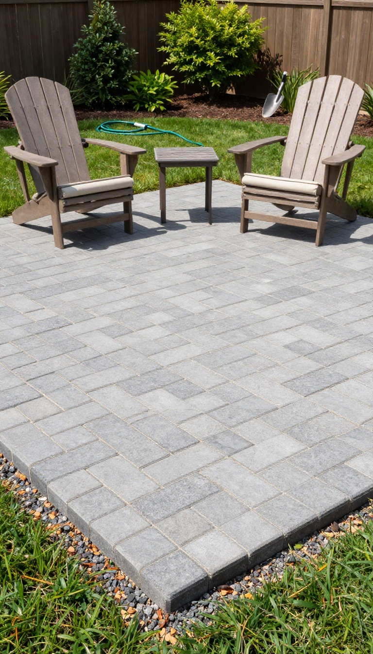 Small square paver patio with two Adirondack chairs and a side table set into a sunny backyard lawn