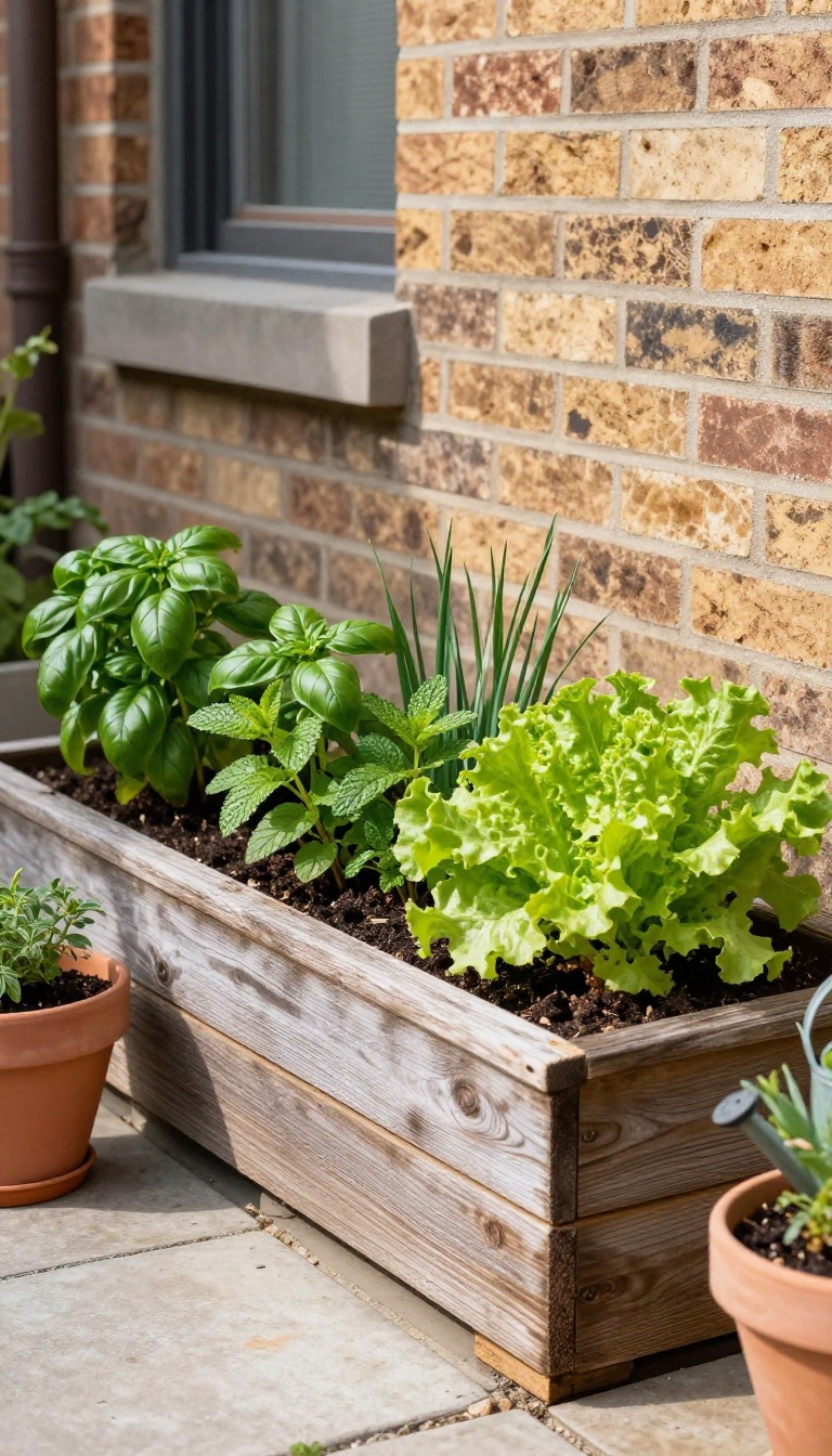 Shallow cedar raised garden bed filled with basil, mint, lettuce, and chives along a brick townhome patio wall in bright morning light