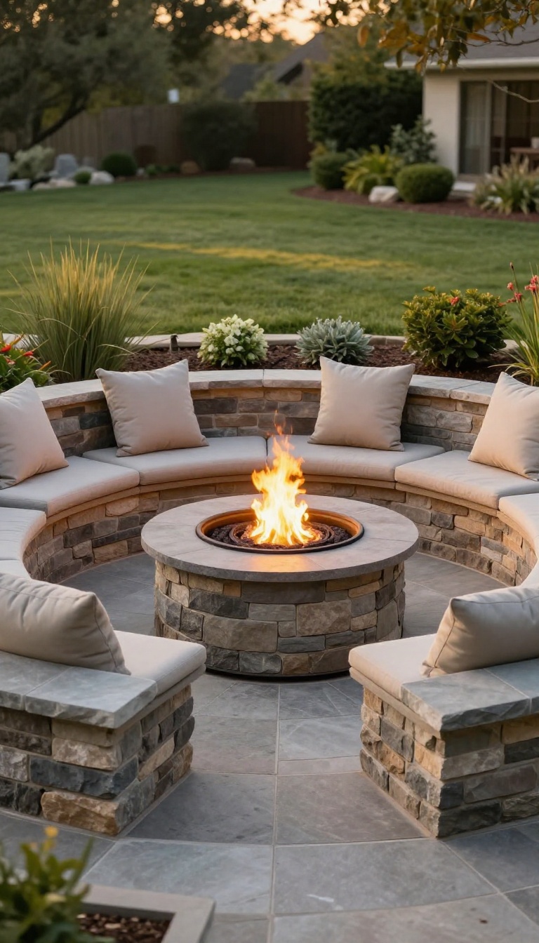 Sunken backyard fire pit lounge with built-in stone bench seating and warm fire glowing at golden hour