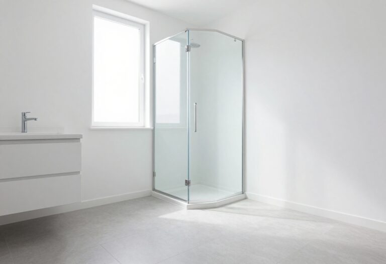 Small bathroom with large-format light gray porcelain floor tiles and a compact vanity