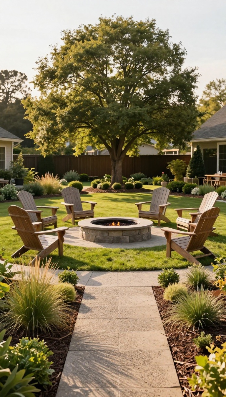 Large backyard with a stone fire pit and a single shade tree as a natural focal point, framed by a curved path, garden beds, and open lawn