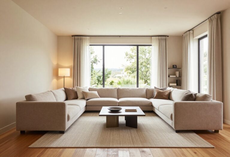 A polished living room with a neutral sofa, layered lighting, and a large area rug.