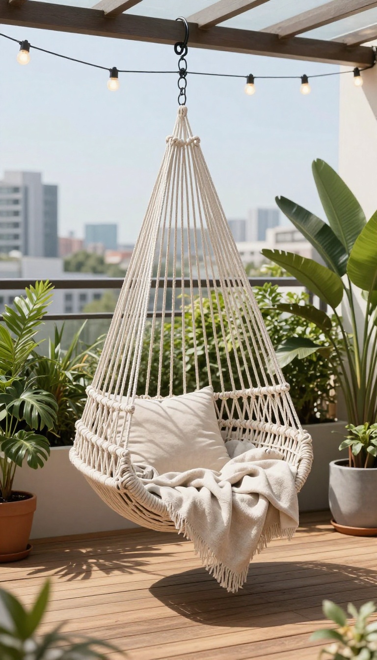 A cozy apartment patio with a hammock chair, string lights, and plants