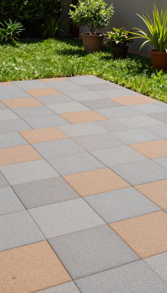Patio floor made of interlocking rubber playground tiles in gray and brown checkerboard pattern, surrounded by grass and plants.