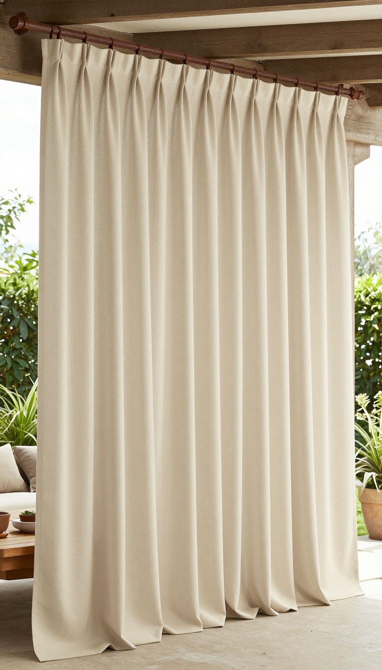 Covered patio with floor-length outdoor curtains hung from a pergola beam, creating a private backyard seating area