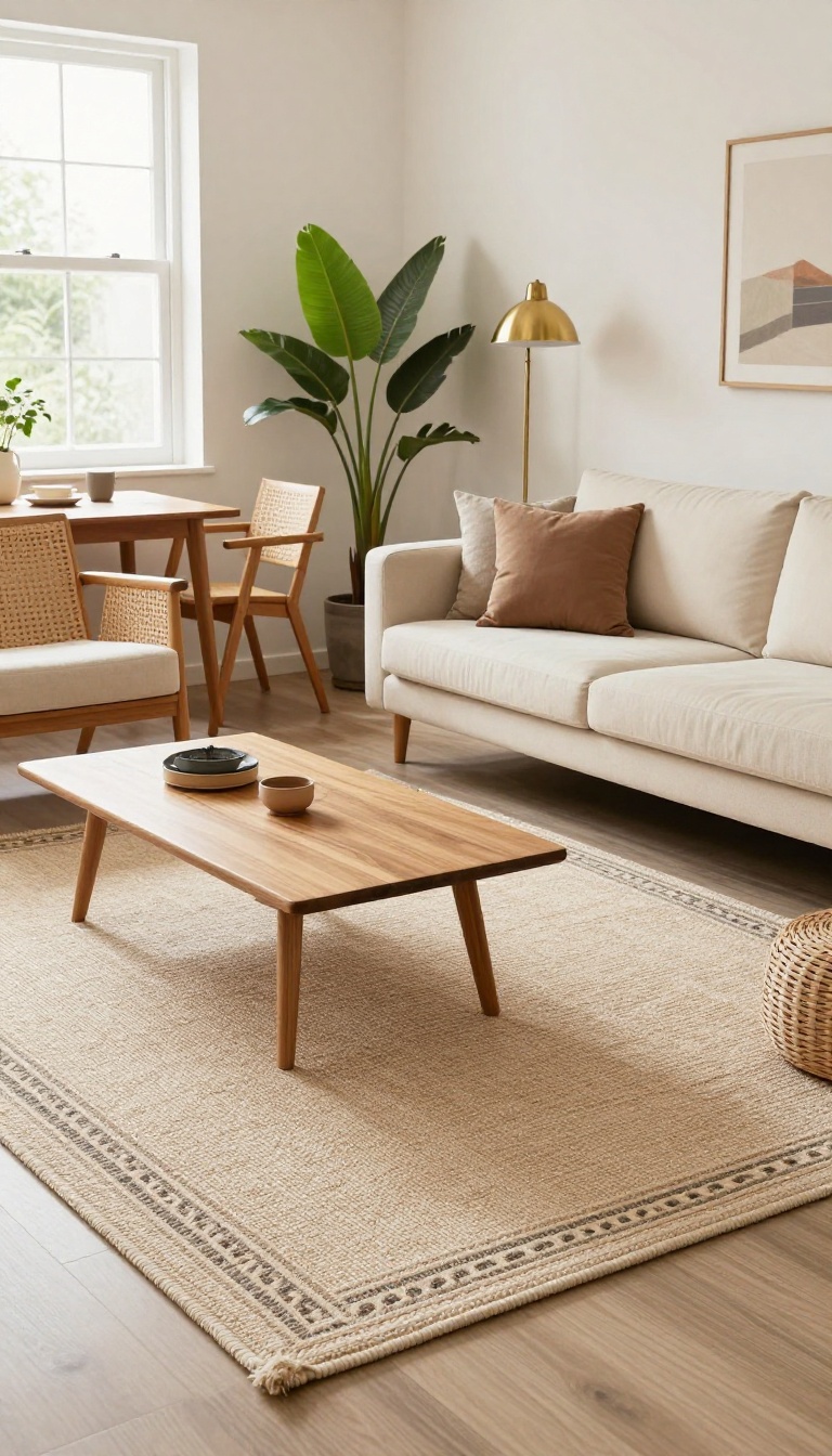 Small Indian living room with a jute rug defining the seating area, separating it from a dining space