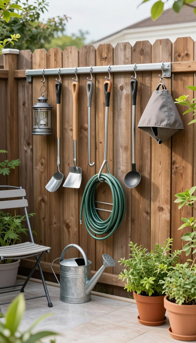 Small backyard fence with wall hooks and hangers storing garden tools, a hose reel, watering can, and folding chairs to keep the patio floor clear