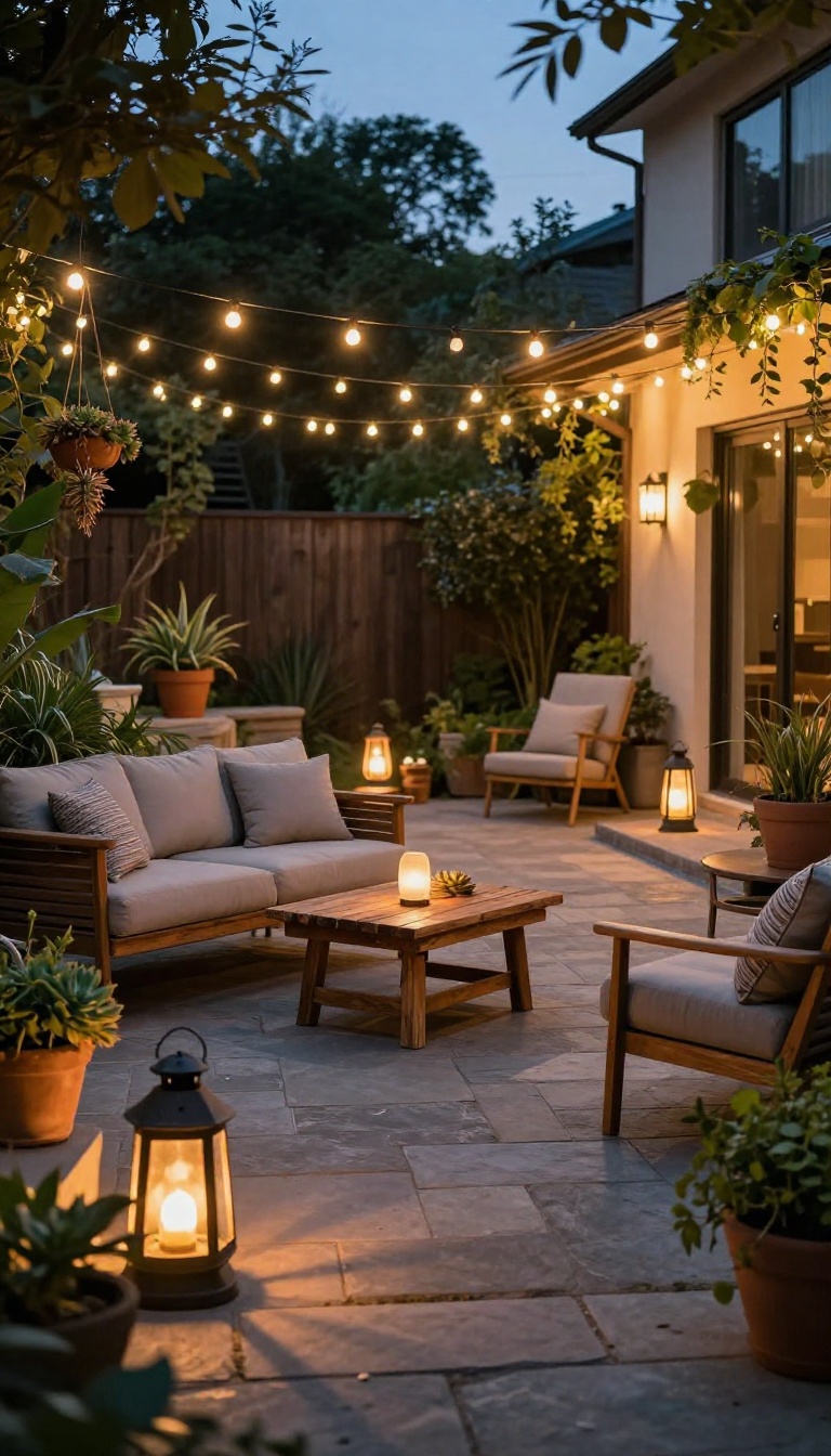 Backyard patio with low-voltage string lights, path lights, and lanterns for ambiance and safety