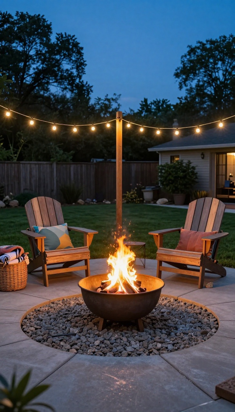 Cozy backyard patio with a DIY fire pit, Adirondack chairs, and string lights at dusk