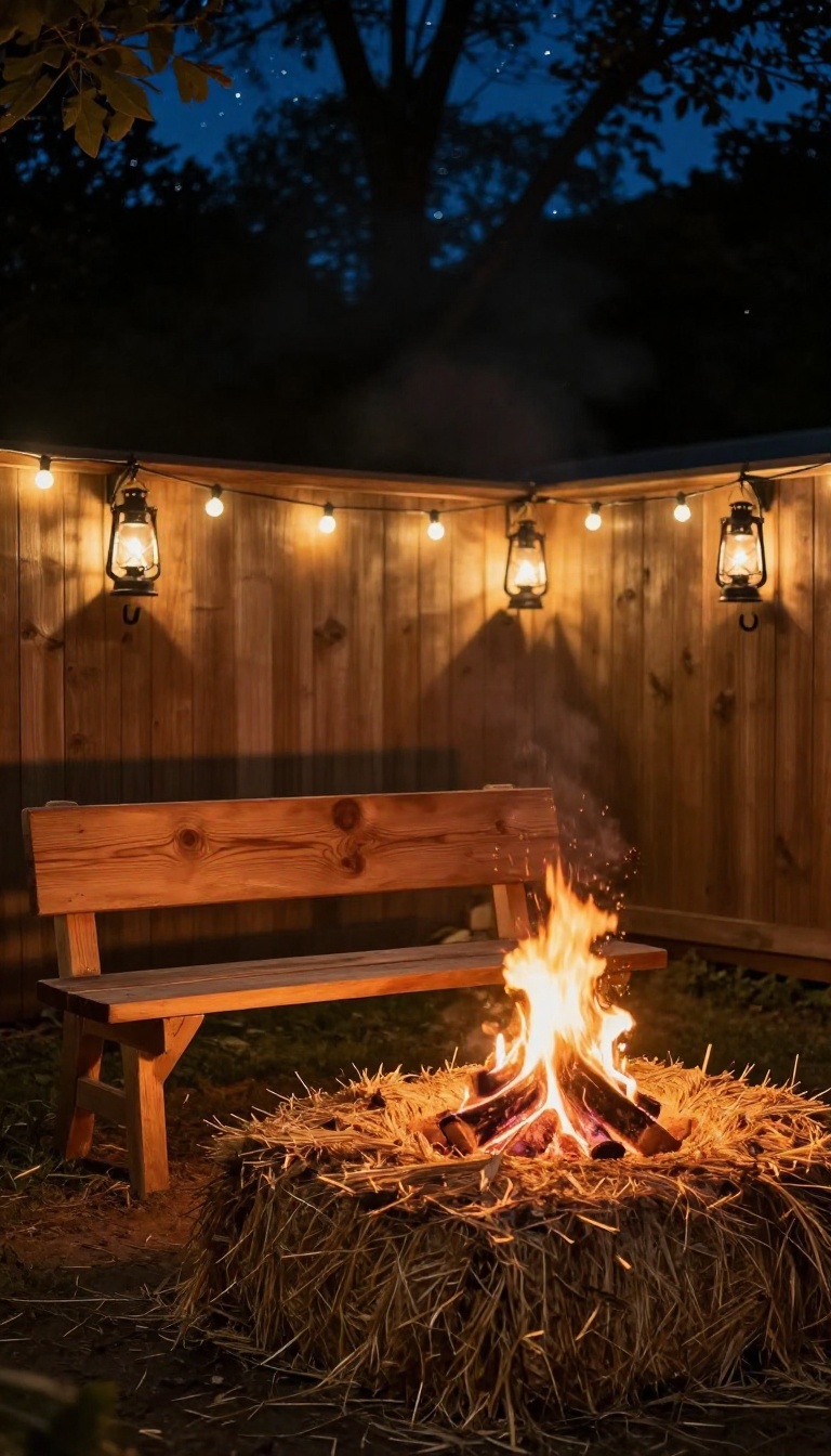 Backyard bonfire photo spot with a glowing fire behind a bench and hay bale, string lights overhead, and lanterns on hooks near a fence under a starry sky