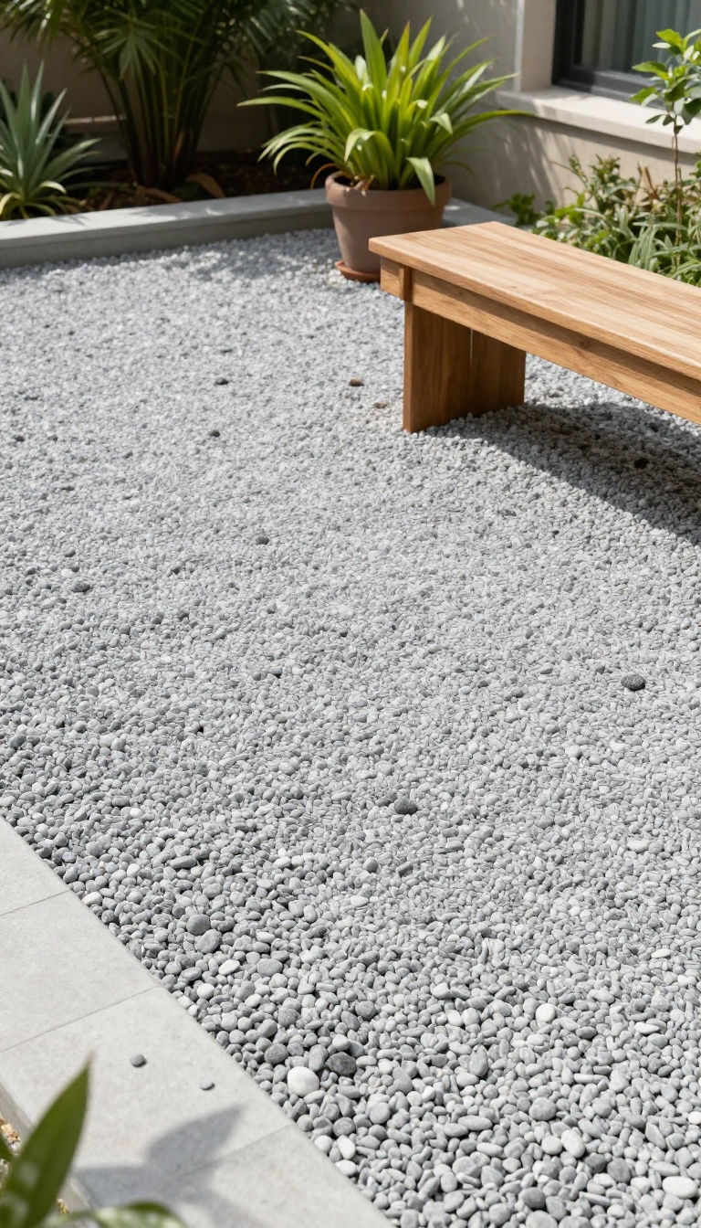 Patio with a new gravel floor, wooden bench, and potted plant in a sunny garden