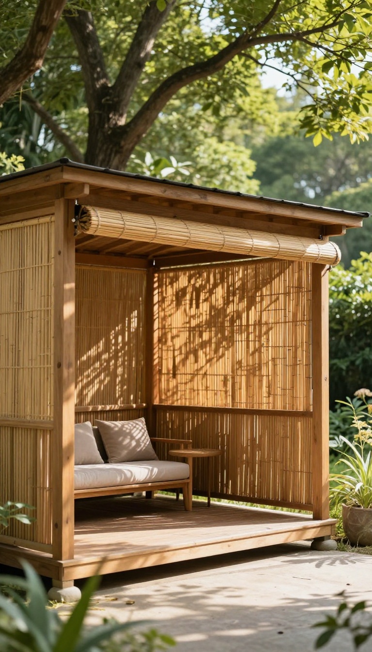 Backyard gazebo with a roll-down bamboo shade on one side and a reed privacy screen on the other, creating cozy shade and privacy