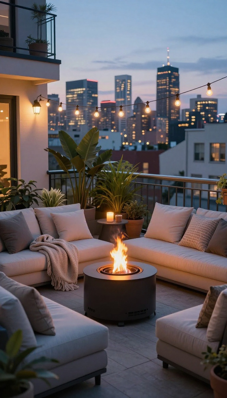 Cozy apartment patio with a small fire pit, comfortable seating, and string lights at dusk