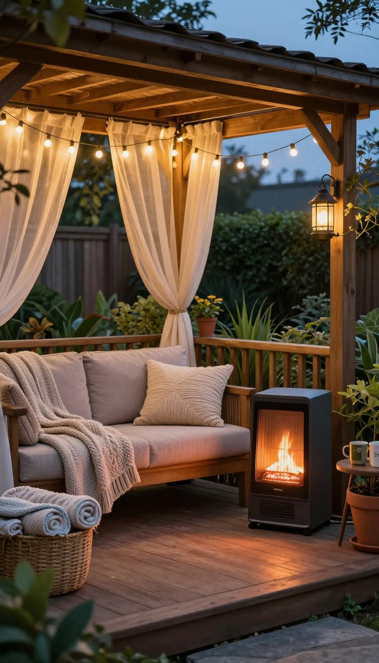 Cozy gazebo corner with a loveseat, stacked blankets, and a small electric heater for warm evenings outdoors