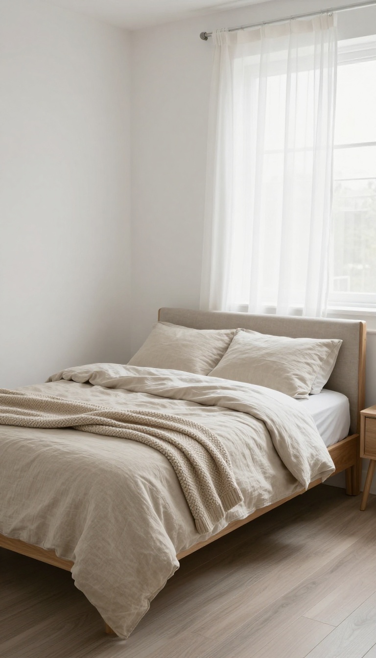 Small bedroom with monochromatic oatmeal bedding, matching walls and floor, and bright natural light for an open, refined look