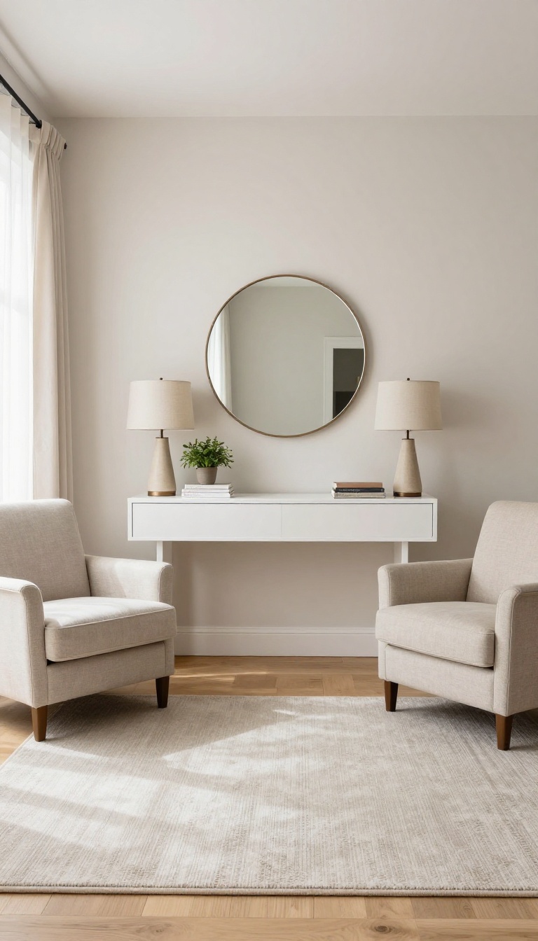 Small living room with a symmetrical layout featuring a centered console, round mirror, and matching accent chairs on both sides in bright natural light