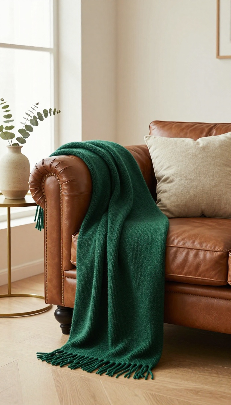 Emerald green throw blanket draped neatly over the arm of a cognac leather Chesterfield sofa in a bright neutral living room