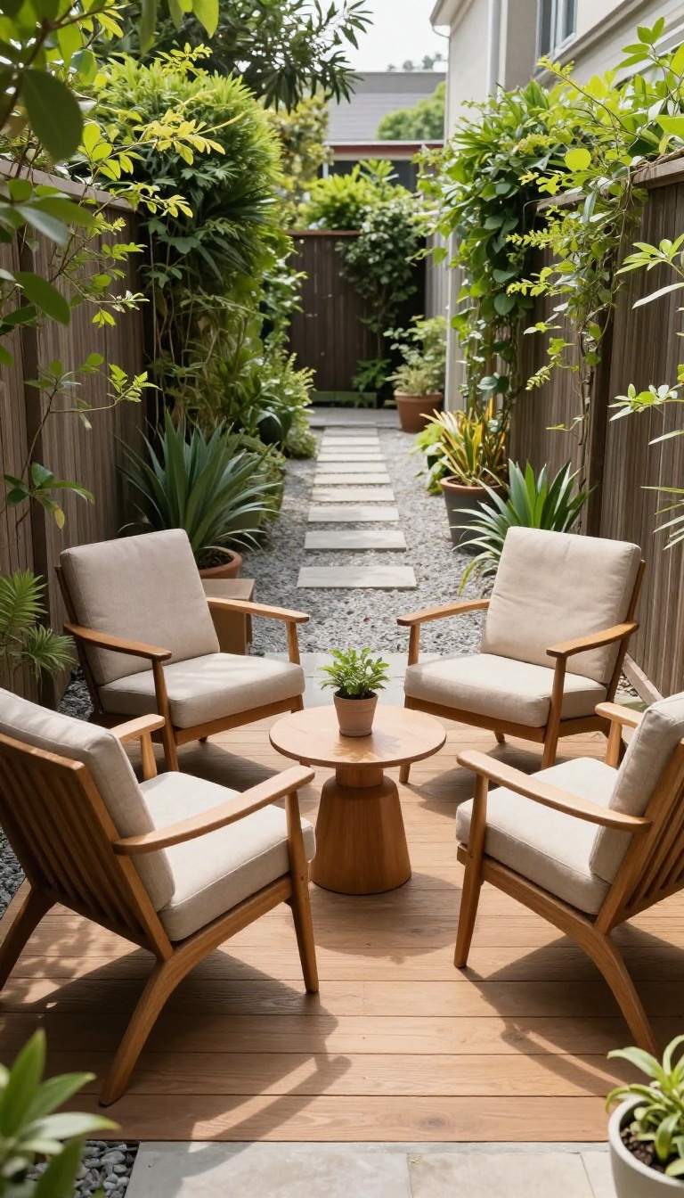 Narrow backyard with three armless chairs arranged in a zigzag pattern around a small side table, creating a cozy conversation nook in a slim outdoor space
