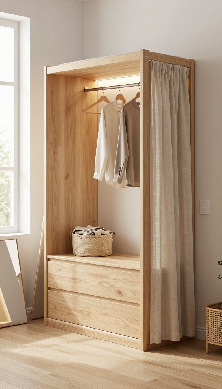 Small loft bedroom with a hidden wardrobe and dressing area tucked under the elevated bed, featuring a hanging rail, slim drawers, and a full-length mirror in bright natural light