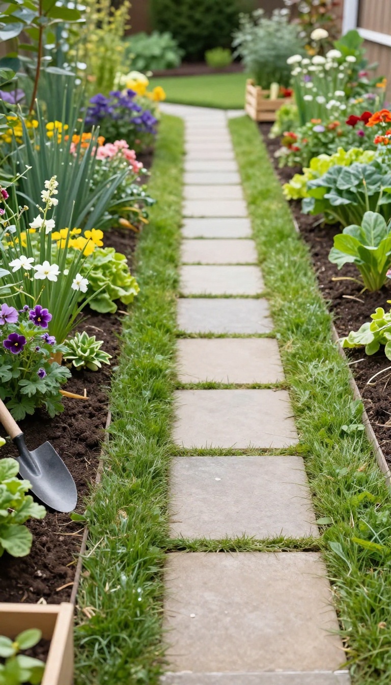 Narrow paver walkway bordering a lush garden bed beside a manicured lawn in a sunny backyard