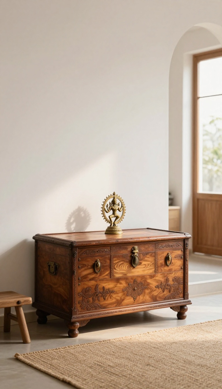 Bright Indian living room with an antique carved wooden chest as a focal point, lit by a focused lamp against a plain wall