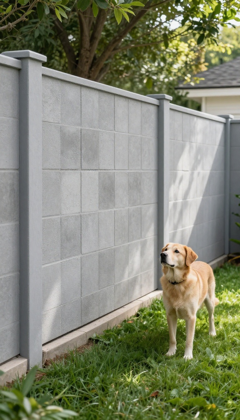 A sturdy concrete masonry fence in a sunny backyard with a dog standing calmly nearby, showing a safe and escape-proof boundary.