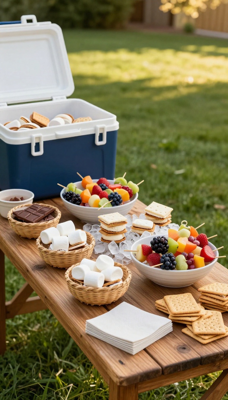 Backyard BBQ self-serve dessert station with ice cream sandwiches, fruit skewers, and s'mores ingredients on a rustic table in bright natural light