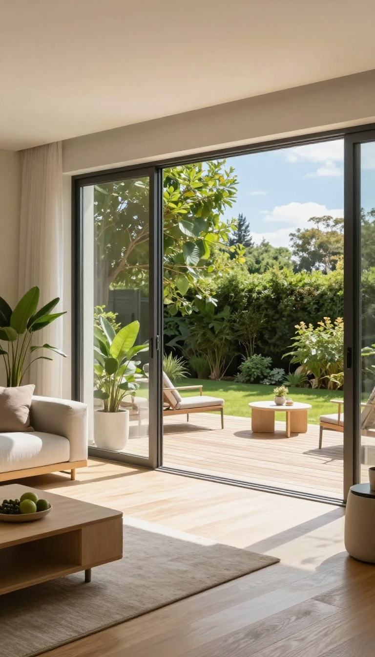 Bright living room opening onto a sunny backyard deck through a wide glass sliding door, with wood floors flowing seamlessly outside