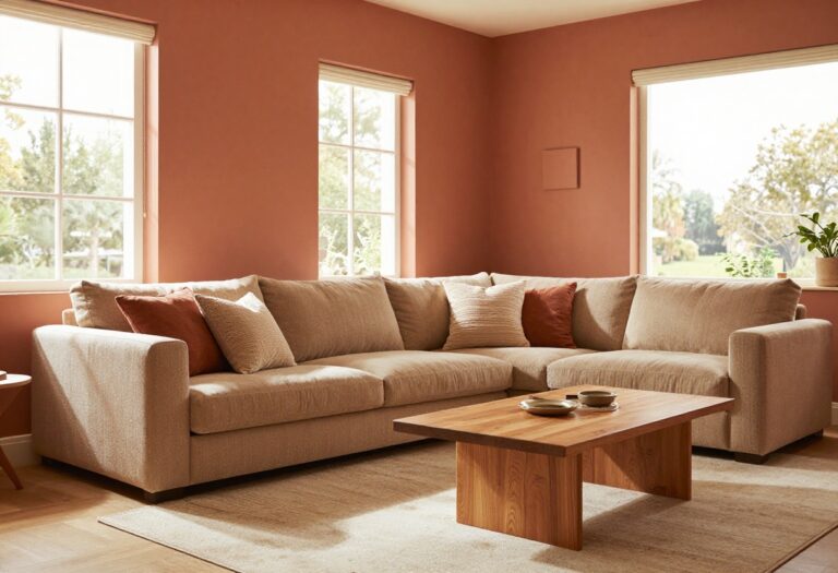 Warm and stylish living room with terracotta walls and cozy furniture.