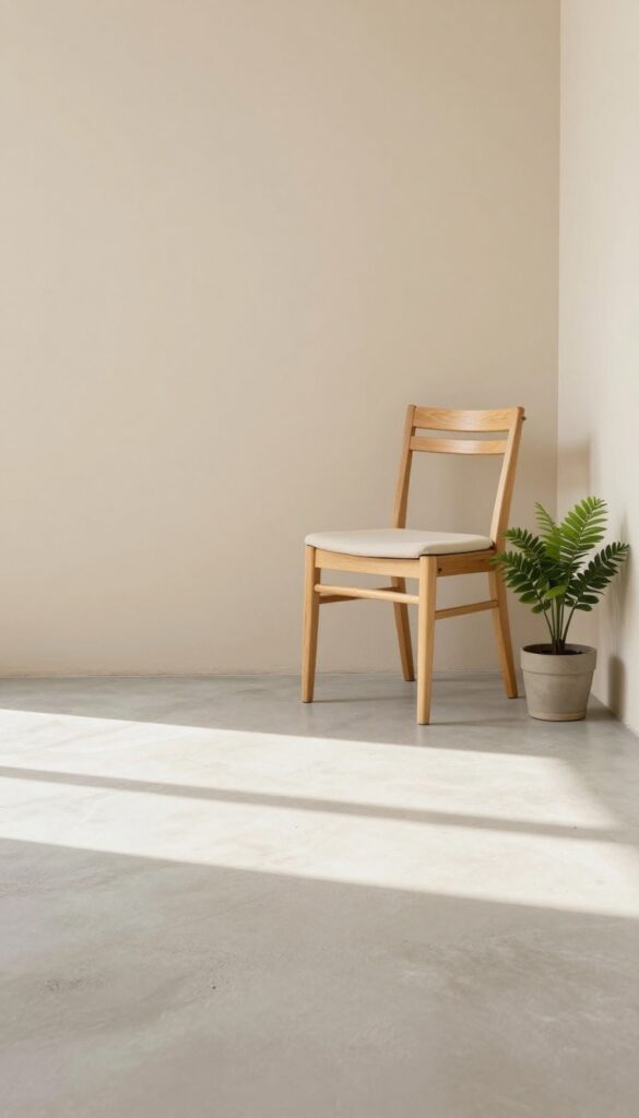 Small patio with light gray floor and pale beige walls, bright and airy, with a potted plant and a chair.