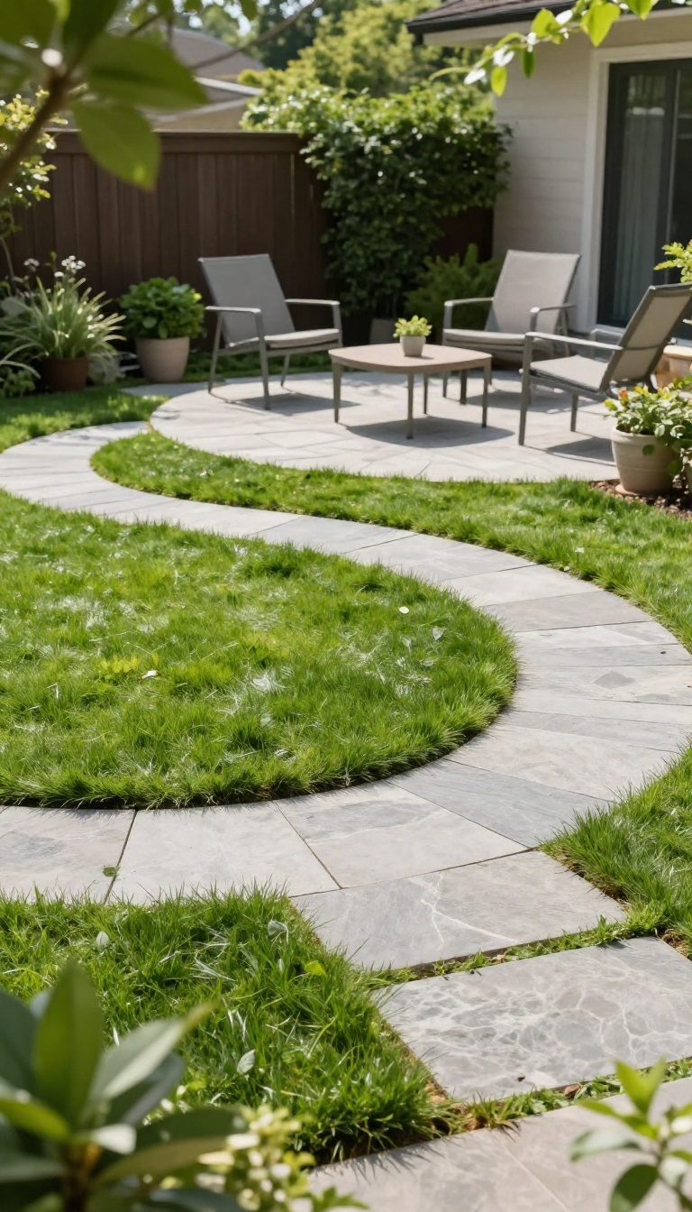 Curved paver patio with a circular grass island set into the center, surrounded by a green backyard lawn