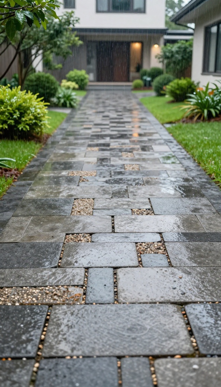 Permeable paver driveway draining rainwater between wide gravel-filled joints during a rainstorm, with a landscaped lawn and modern home in the background