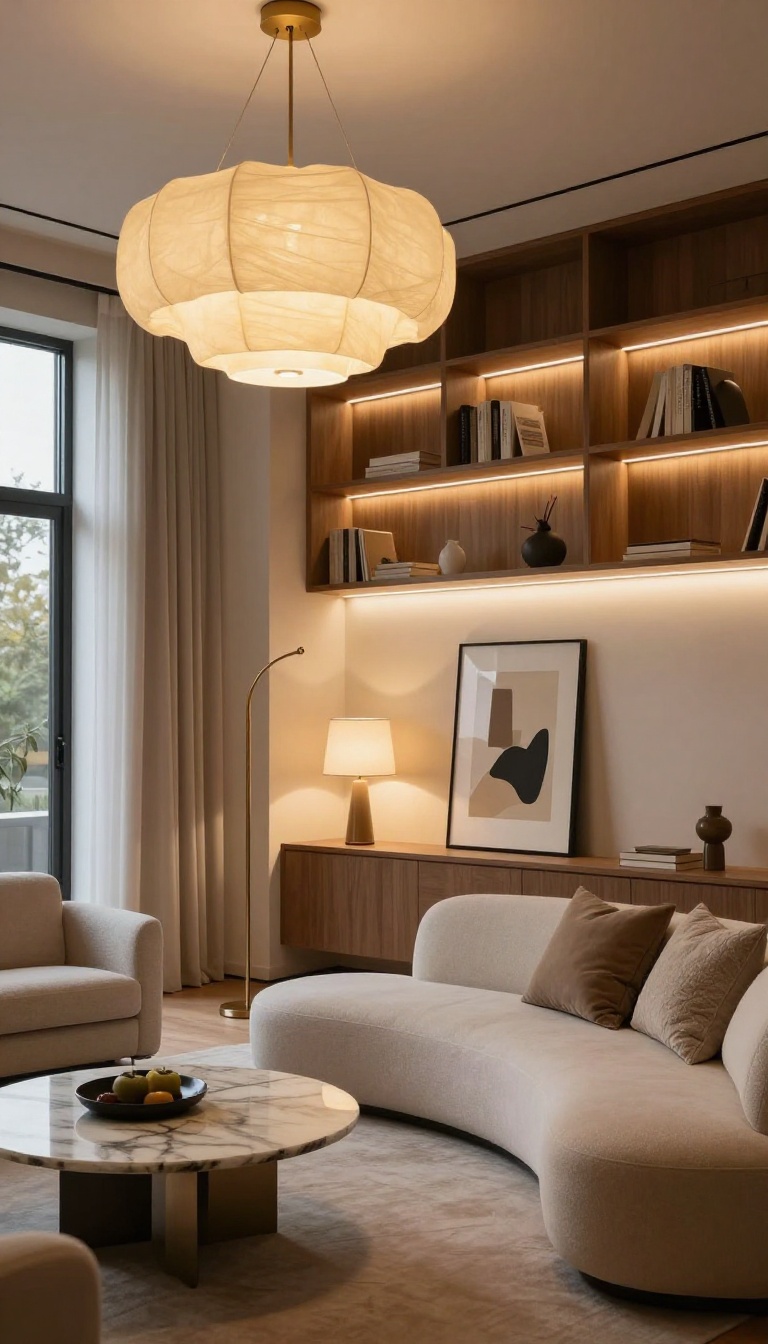 Modern luxury living room with layered lighting including a glowing chandelier, floor lamp, table lamp, and picture light creating a warm high-end ambiance