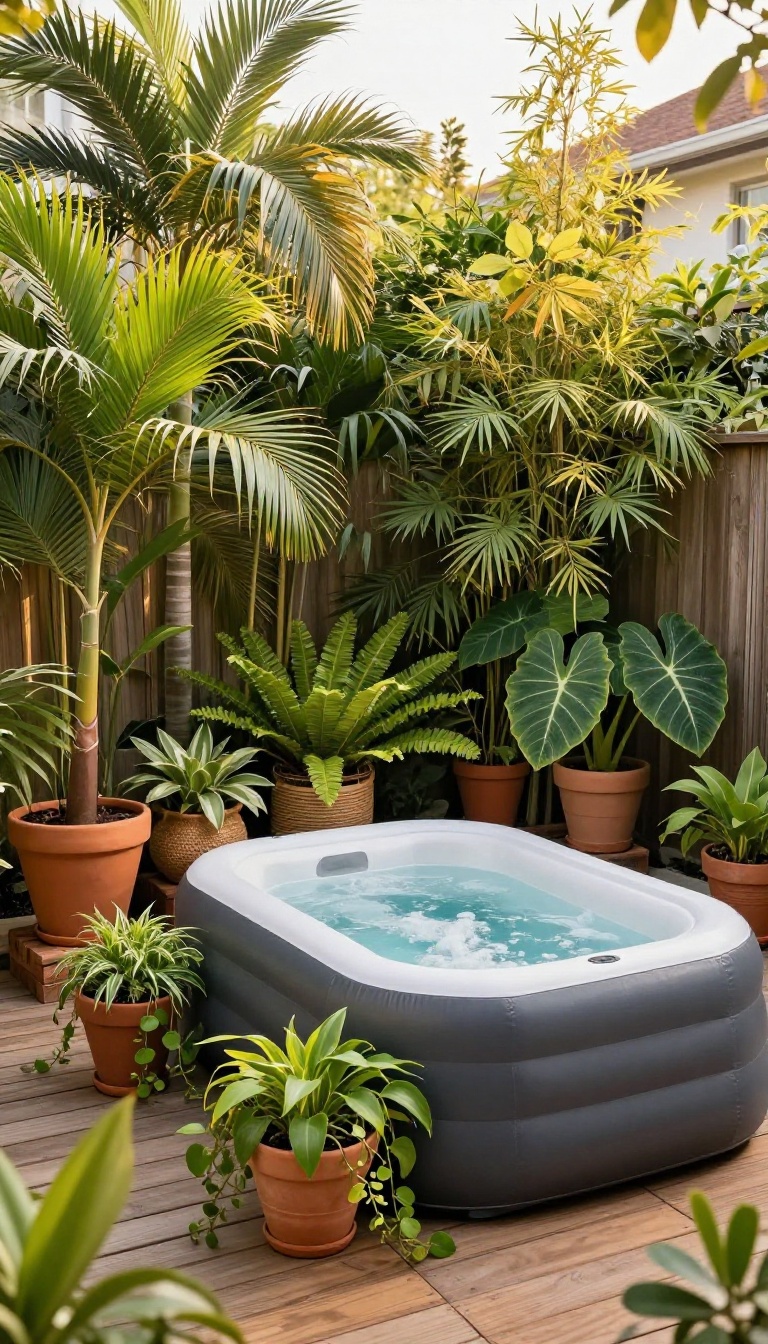 Inflatable hot tub on a wooden deck surrounded by potted tropical palms, ferns, bamboo, and trailing pothos creating a lush private backyard oasis
