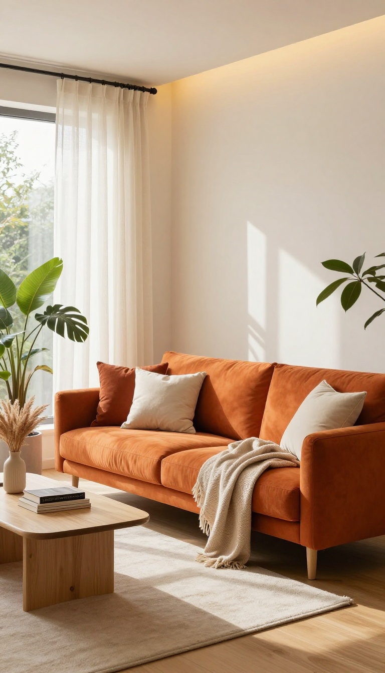 Warm white living room wall with a burnt orange couch, cream pillows, pale wood coffee table, and bright natural light