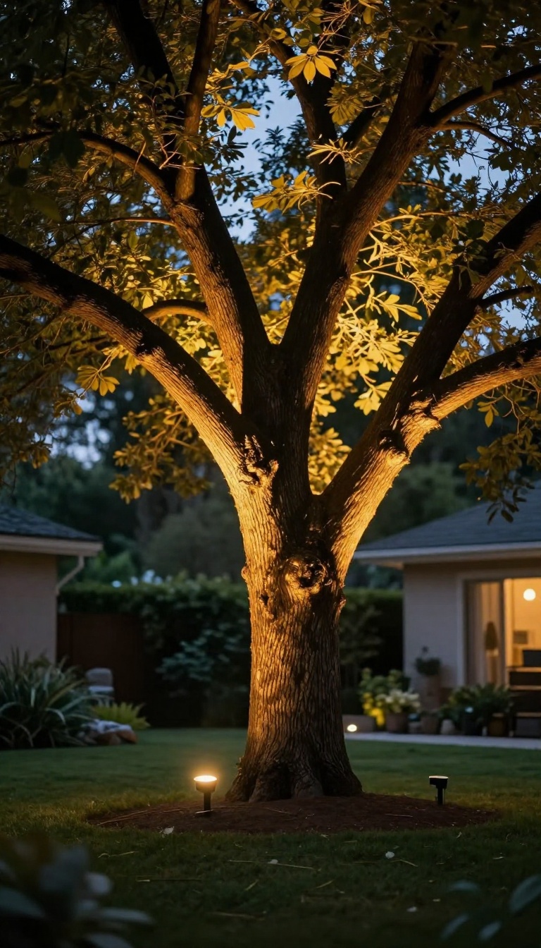 Backyard tree illuminated by warm uplighting at dusk, glowing canopy above a dark trunk