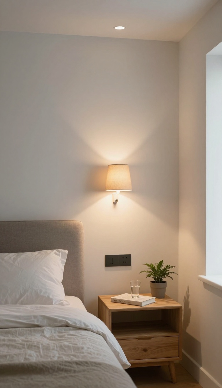 Small refined bedroom with layered adjustable lighting, a warm wall sconce and clip-on reading lamp glowing beside a neatly made bed at dusk