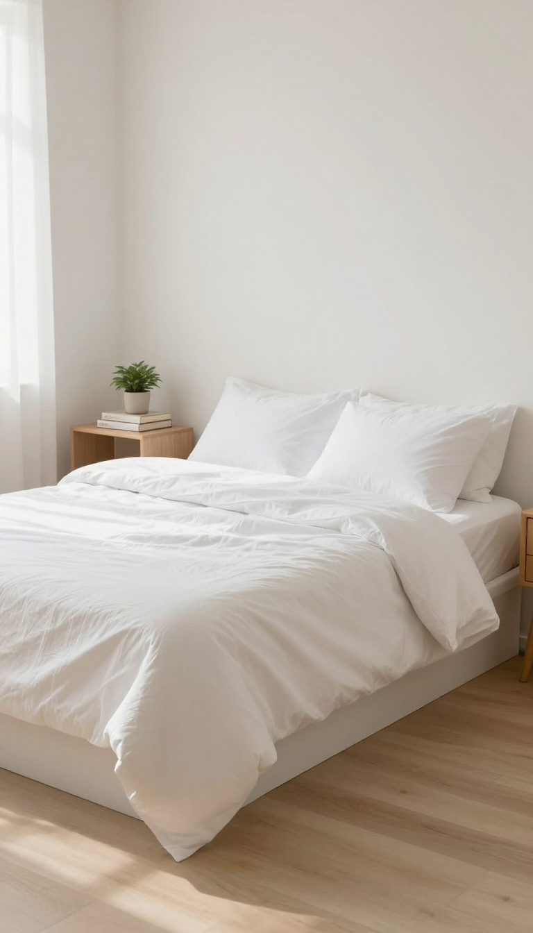 Small bright bedroom with a single bed floated a few inches off the wall, showing a visible gap with floor and baseboard and a slim nightstand tucked beside it
