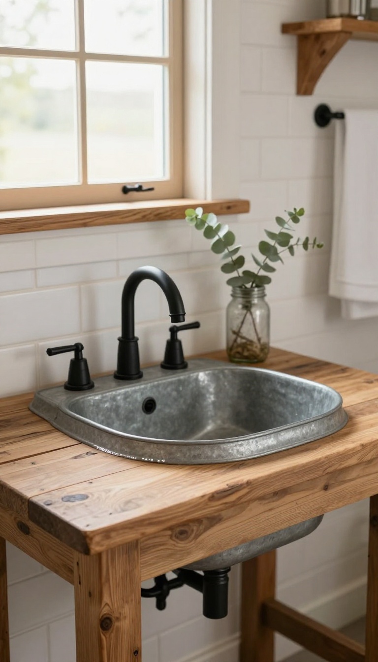 Rustic bathroom with a galvanized metal bucket sink set into a reclaimed wood countertop under bright natural light